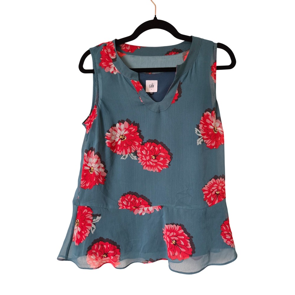 Cabi Womens Small Teal Red Floral Peplum Sleeveless Blouse Top 3445  Blushing